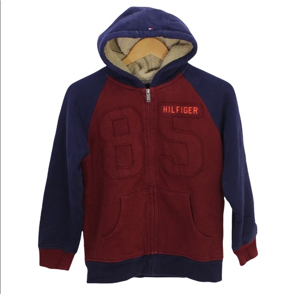 TOMMY HILFIGER Full Zip Hoodie Elbow Patches Faux Sherpa Fur Lined Heavy 12/14 - Picture 1 of 16